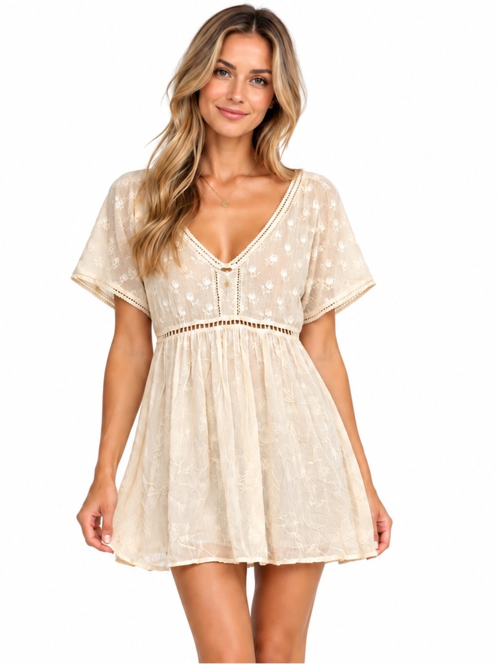 Free People boho lace babydoll mini dress size Small cream color